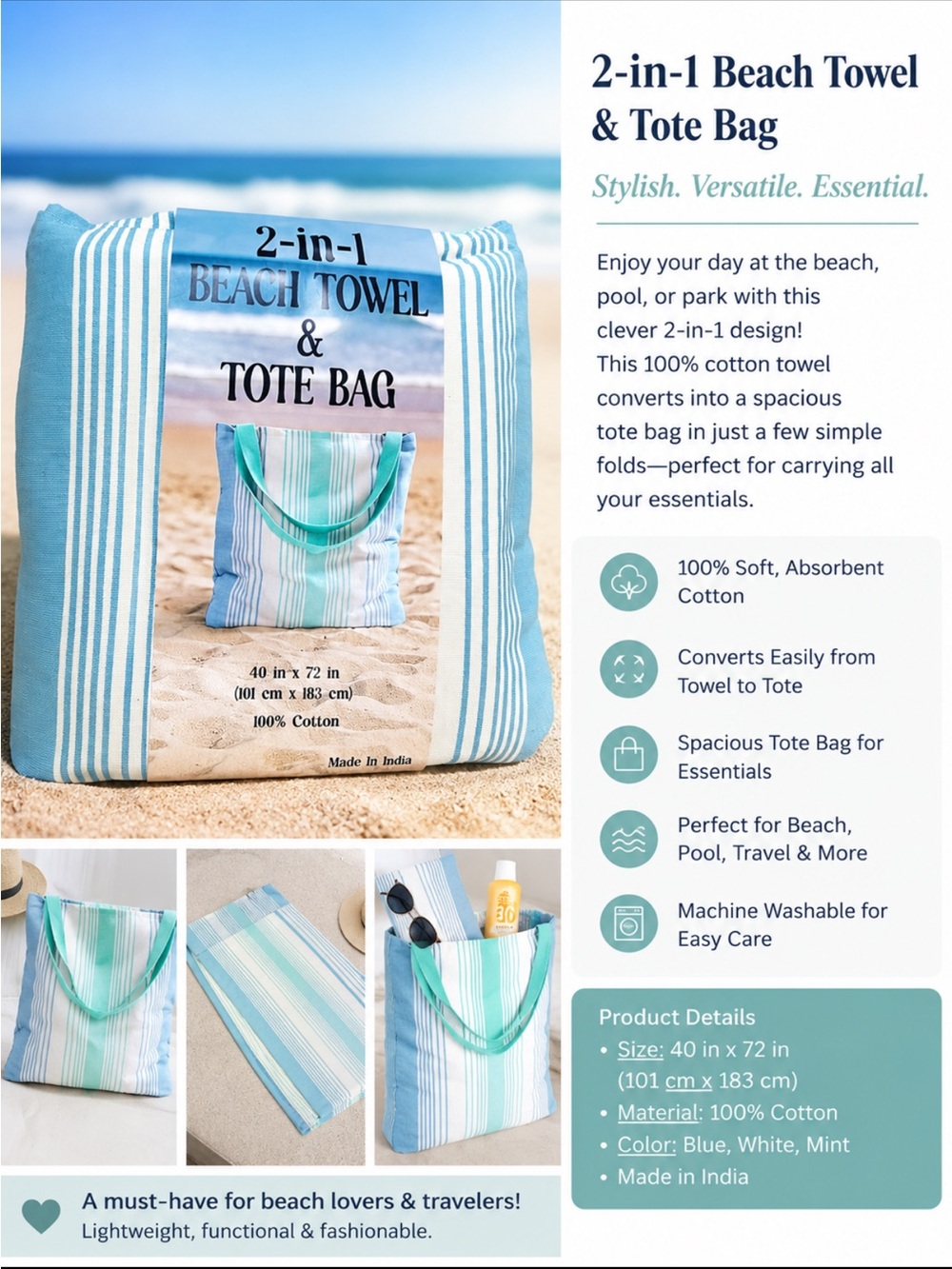 2-in-1 Beach Towel Tote Bag Blue Stripe Cotton Beach/pool tote Summer Essential